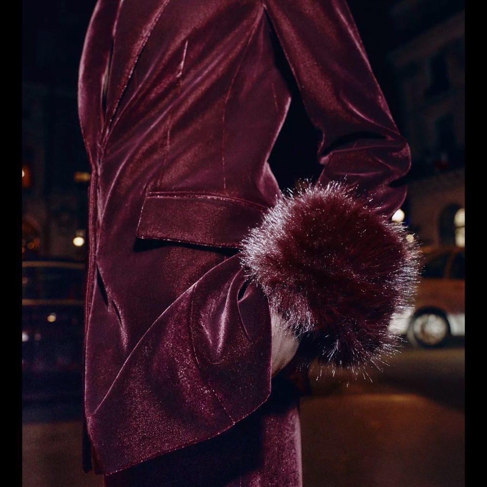 Zara Rich Burgundy Velvet Blazer with Fur Cuffs - Picture 3 of 6